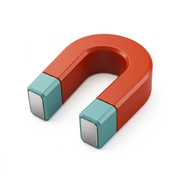 Red horseshoe magnet featuring teal tips and silver poles for physical science experiments and educational magnetism demonstrations in studio.