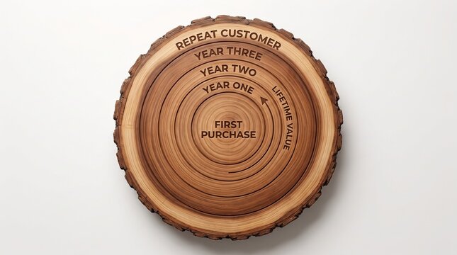 Customer lifetime value concept represented on a wooden tree slice with growth rings, studio shot on white background