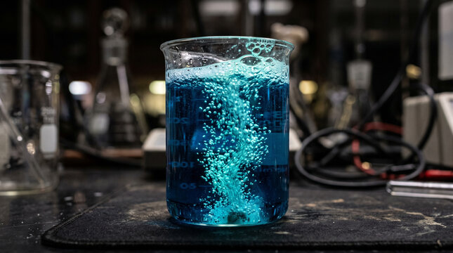 Blue liquid bubbling in beaker for laboratory experiment.