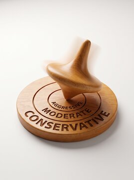 Wooden spinning top on a circular base with aggressive, moderate, and conservative labels, representing risk appetite and tolerance concept, studio shot on white background