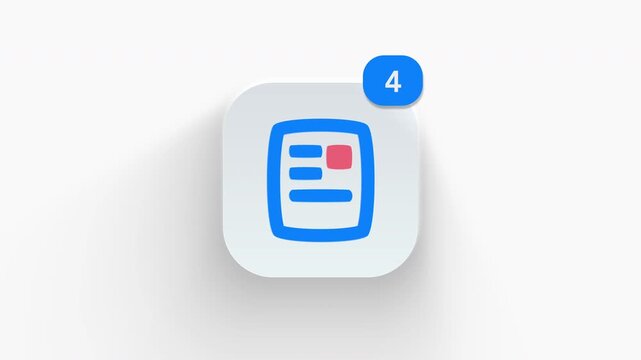 Resume document profile app icon featuring animated notification badge with counter 1 to 99, dynamic shadow effect, minimalist job application CV concept, on white background. 