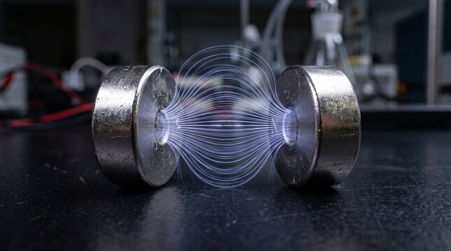 Magnetic field lines glowing between metal poles in laboratory.