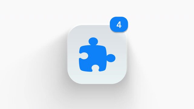 Jigsaw puzzle piece app icon featuring animated notification badge with counter 1 to 99, dynamic shadow effect, minimalist problem solution concept, on white background. 
