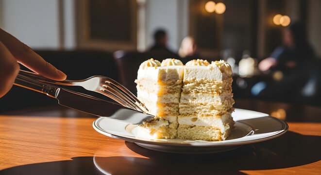 Slice of cake with cream being cut on a plate in warm lighting
