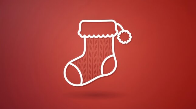 Christmas stocking icon with knitted pattern sits on red background.