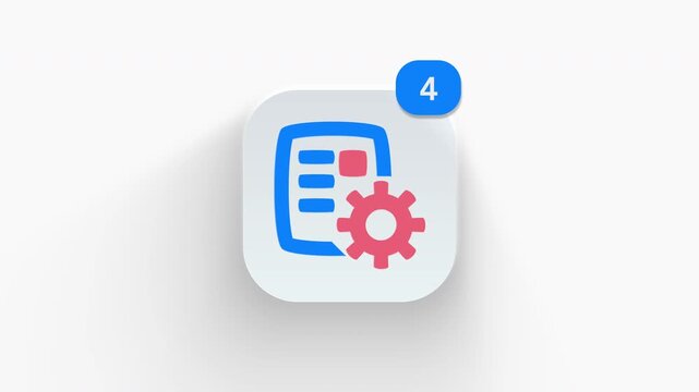 Gear document setup app icon featuring animated notification badge with counter 1 to 99, dynamic shadow effect, minimalist file processing config concept, on white background. 