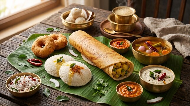 Traditional south indian breakfast platter with masala dosa, idli, vada, sambar, chutneys, and filter coffee on a green banana leaf base