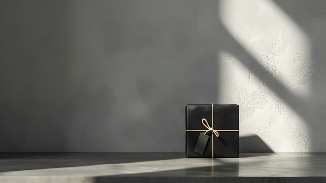 Clean Scandinavian Holiday Sale Concept Display with Matte Black Box and Soft Window Shadows 