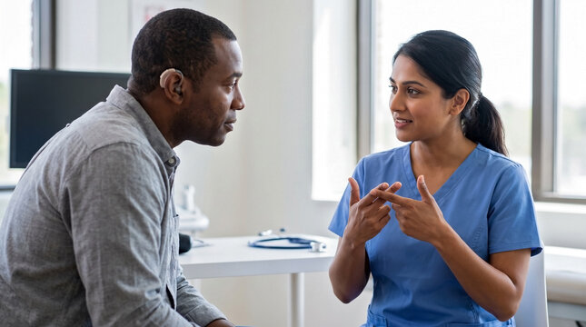 Female doctor explaining health information using sign language to a male patient. Healthcare professional communicating with a deaf man wearing a hearing aid in a clinic