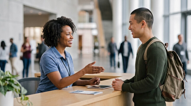 Smiling Black female volunteer greeting Asian male visitor at reception desk. Diverse staff member welcoming student with backpack in modern lobby. Friendly customer service and assistance
