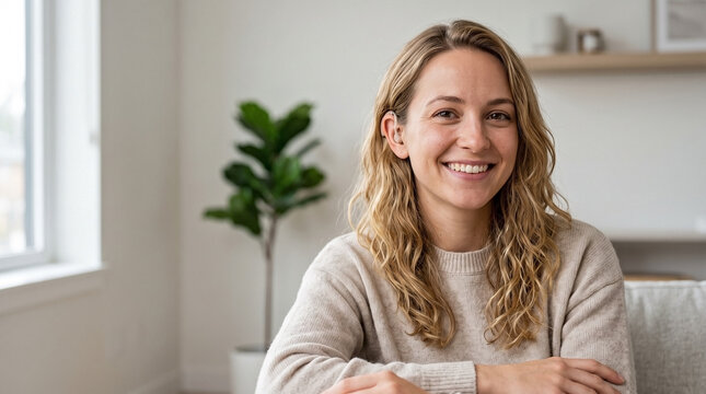 Smiling young blonde woman wearing a hearing aid. Portrait of a happy caucasian female with hearing loss in a modern home