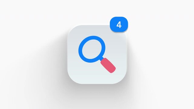 Magnifying glass search app icon featuring animated notification badge with counter 1 to 99, dynamic shadow effect, minimalist search inspection concept, on white background. 