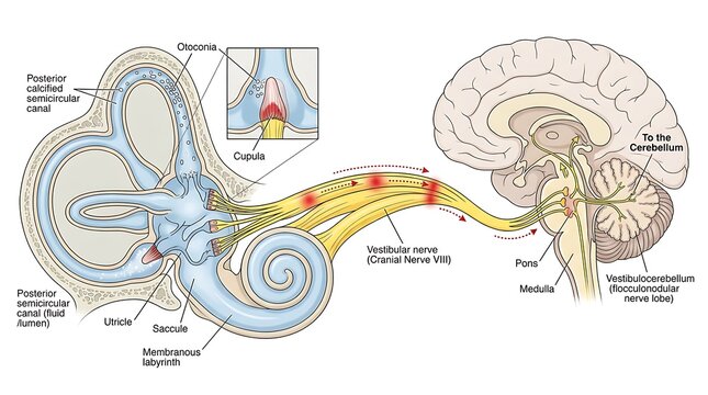 Anatomical Diagram of Semicircular Canals and Vestibular Nerve with Labeled Structures of the Inner Ear