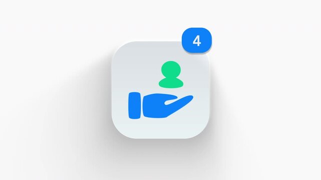  Helping hand support person app icon featuring animated notification badge with counter 1 to 99, dynamic shadow effect, minimalist care team assistance concept, on white background. 