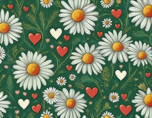 seamless floral pattern with daisies and hearts on a green background ideal for textiles wallpaper prints and packaging © Tamara