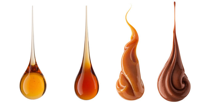 Set of isolated liquid drops including honey, maple syrup, caramel and melted chocolate.