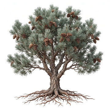 Single-leaf Pinyon Pine tree, mature full tree bearing pine cones with mature pine nuts, distinctive single-needle foliage, exposed visible roots, 11 ratio, isolated on seamless pure white background