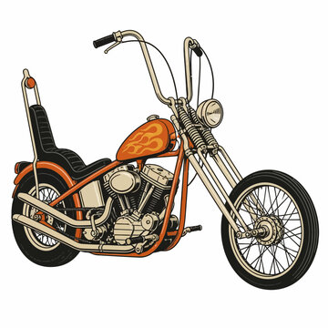 Illustration of a classic chopper motorcycle with flames on the fuel tank, isolated on a white background. Retro style custom motorbike for transportation or leisure.