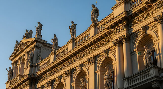 Historical building facade with statues bathed in warm sunlight against a clear sky