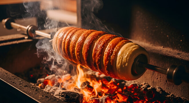 Freshly baked pastry on a spit over a fire with transparent background