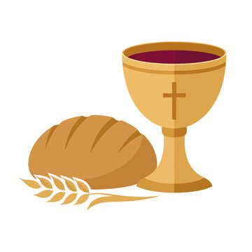 Christian Holy Communion symbols: bread and wine in a golden chalice with a cross, and wheat stalks, representing the Eucharist sacrament