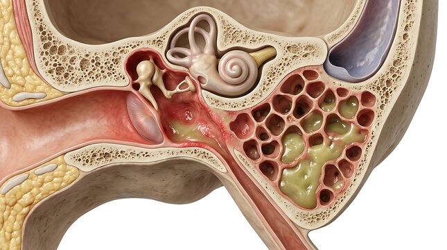 3D medical render of acute mastoiditis showing purulent fluid and infection within the mastoid air cells and the middle ear cavity of the human skull