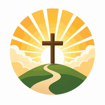 Christian cross on a grassy hill with a winding path leading to it, against a backdrop of a radiant sunburst and clouds, symbolizing faith, hope, and salvation.