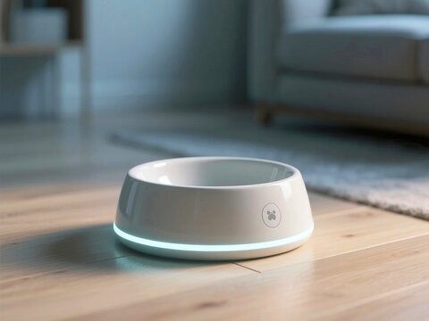 Smart pet bowl with glowing LED indicator on wooden floor representing automated pet feeding and smart home pet care technology