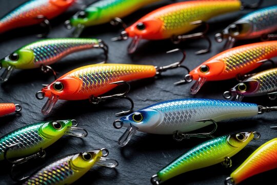Colorful fishing lures lie on dark stone surface. Many bright artificial baits with sharp hooks ready for angling. Various shaped minnow lures with shiny scales for spinning. Pro fishing tackle kit