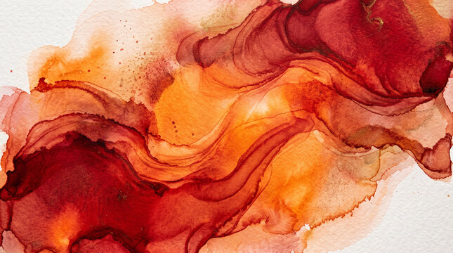 Abstract fluid art background with flowing red and orange watercolor paint and gold glitter accents