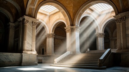 Fototapeta premium Sunlight rays shine through skylight into ancient marble hall. Dust particles dance in bright light beams inside historic building. Grand stone columns, wide stairs create dramatic atmosphere in