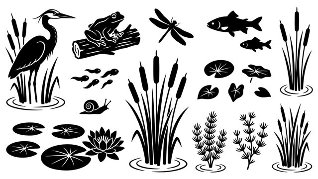 Wetland Wildlife Silhouette Collection with Heron Frog Fish Reeds Nature Set