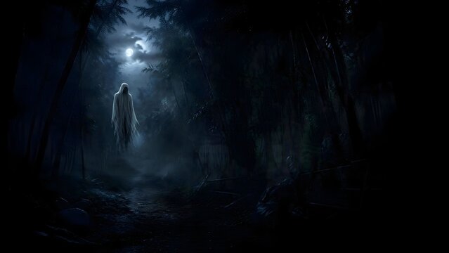 Eerie silhouette of a ghost figure standing in a dark misty forest under moonlight.