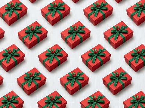 Red gift boxes with green ribbons and holly arranged in seamless pattern on white surface.