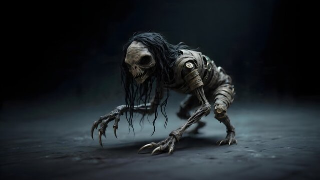 Terrifying emaciated monster creature crouching in dark moody atmosphere.
