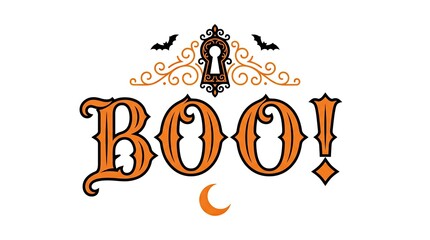 Naklejka premium Vintage style halloween greeting design featuring the word boo with decorative keyhole ornate flourishes and flying bat silhouettes isolated