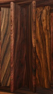 Natural Rosewood wooden boards in continuous rotation with visible grain, organic texture, refined surfaces and distinctive woodworking material character