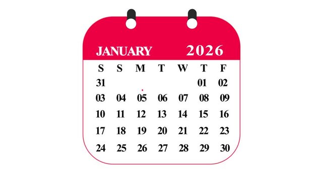 January 2026 calendar with red header and white days