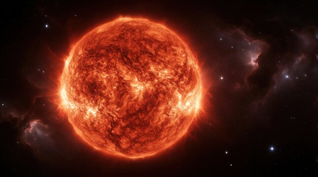 Giant red supergiant star shines brightly in deep space. Fiery cosmic body radiates heat and light among distant stars and nebulae. Intense stellar furnace burns, an aging celestial giant.