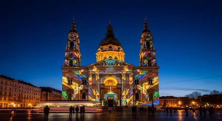 Fototapeta premium Illuminated architectural structure with projections against a night sky backdrop