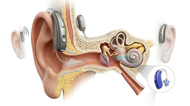 Comprehensive 3D medical diagram of the human ear demonstrating various hearing aid technologies and cochlear implant placement to treat hearing loss with sound wave visualization