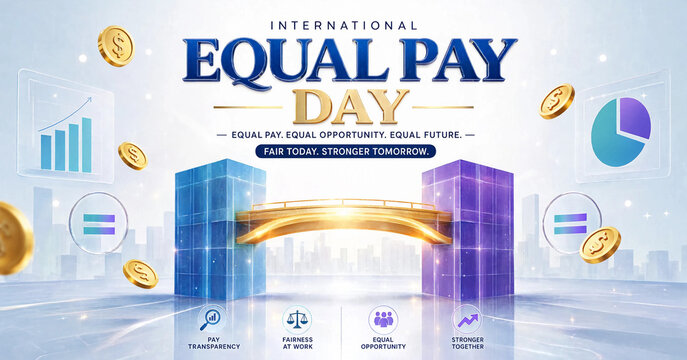 International equal pay day concept with business buildings connected by a bridge