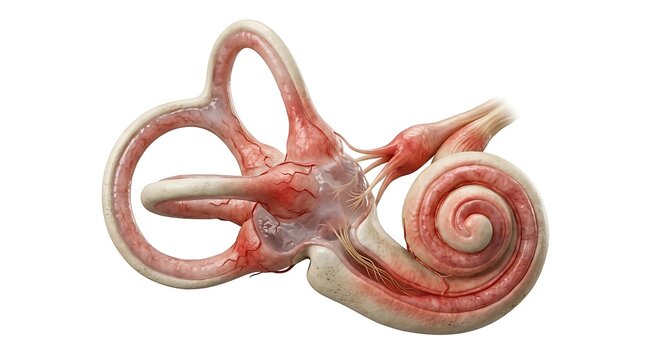 Isolated 3D medical render of the human inner ear anatomy showing an inflamed cochlea and semicircular canals with red vascular detail to represent labyrinthitis on white background
