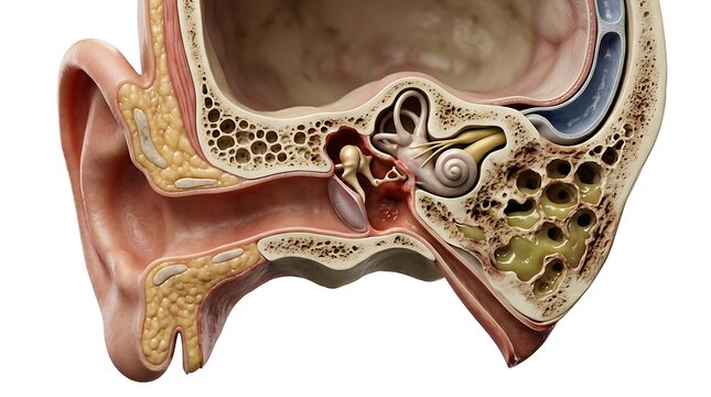Medical 3D illustration of the human head and ear anatomy in cross-section, highlighting an advanced mastoid infection with purulent green discharge and surrounding tissue inflammation