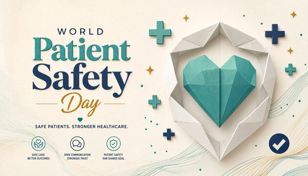 World patient safety day graphic design with origami paper heart and medical crosses