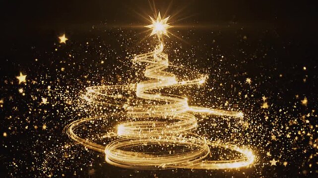 &Aacute;rbol de Navidad dorado y brillante formado por estelas de luz en espiral, coronado con una estrella radiante entre destellos m&aacute;gicos.