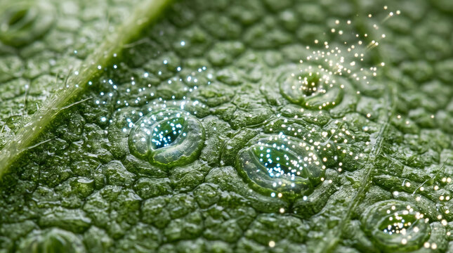 Microscopic leaf stomata glow with blue and gold particles.