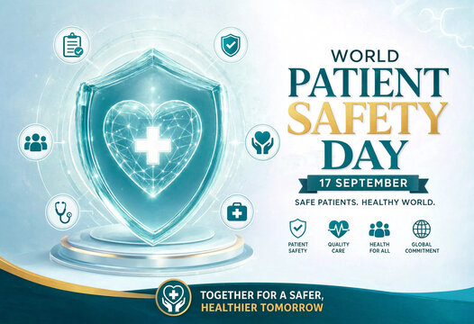 World patient safety day 17 september banner with glowing shield heart and medical icons