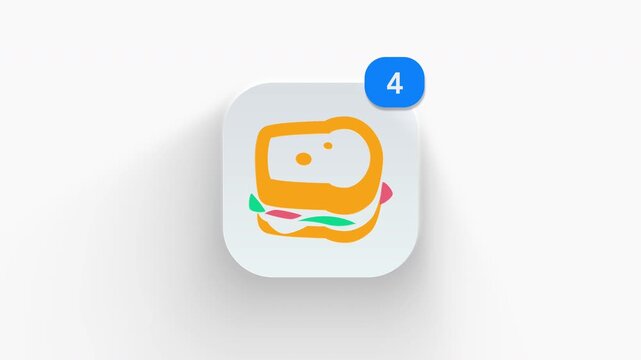 Club sandwich app icon featuring animated notification badge with counter 1 to 99, dynamic shadow effect, minimalist fast food lunch meal concept, on white background. 