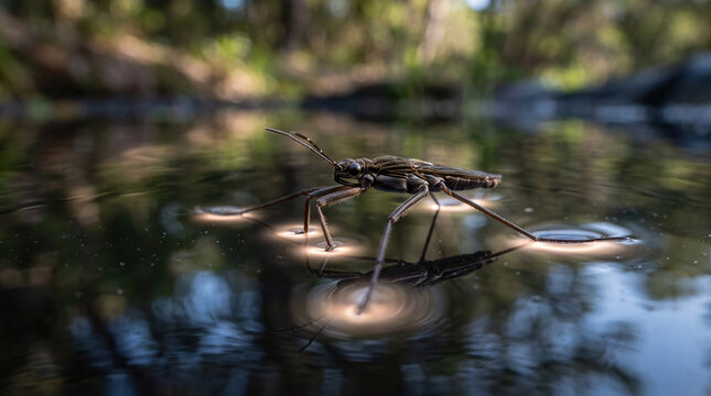Water strider insect walking on water surface ripples.
